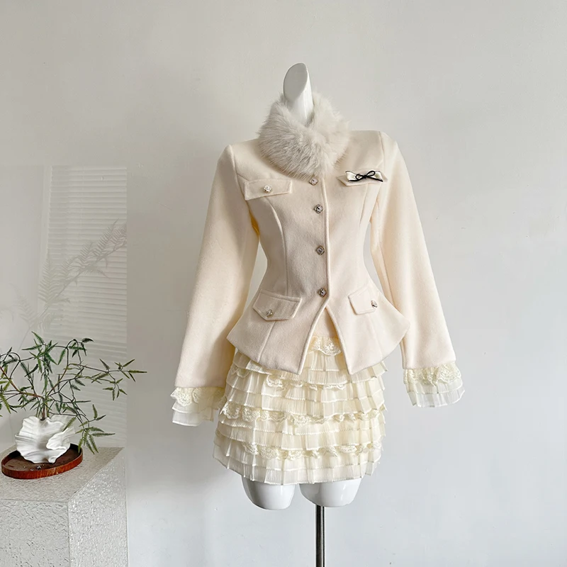 Small fragrant style fashion fur collar jacket+high waist slimming lace patchwork layered cake skirt women two-piece set