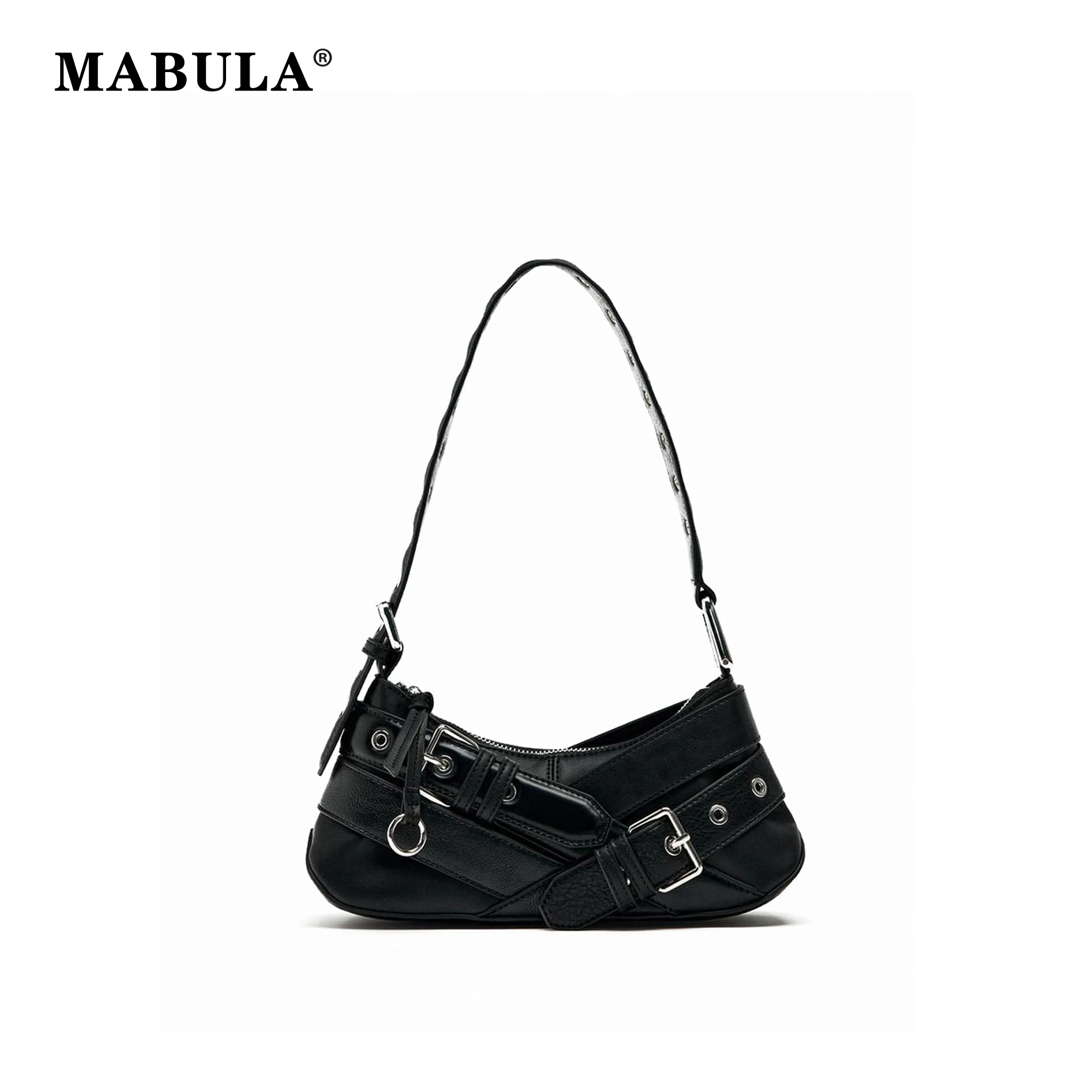 MABULA Vintage PU Leather Underarm Shoulder Bag Fashion Brand Luxury Design Spicy Girls Locomotive Handbag Belt Versatile Pouch