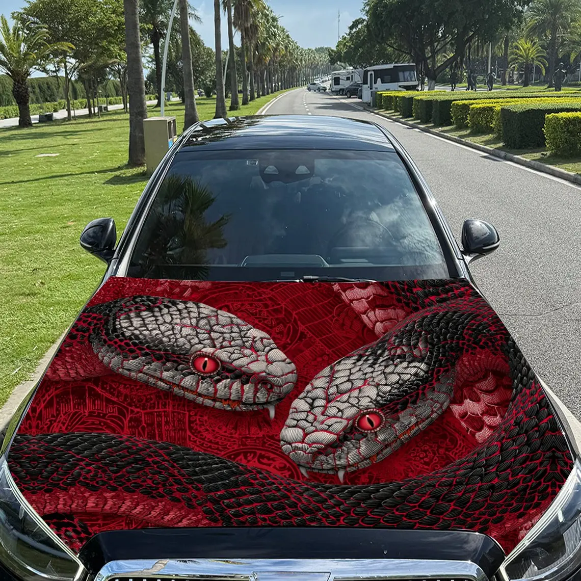

Evil Double Serpents Car Vinyl Wrap, PVC Material Waterproof Car Hood Sticker, Self-Adhesive Scratch-Resistant Stickers for Engi