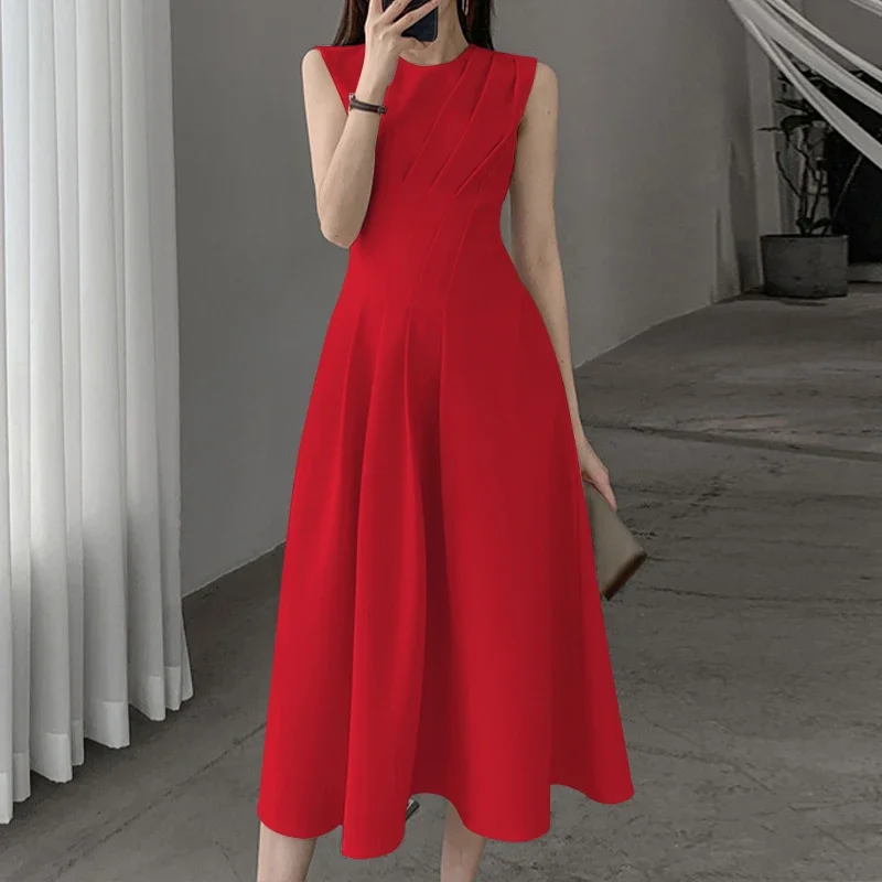 Robe trapèze pour femmes, couleur unie, col rond, sans manches, débardeur, élégante, tenue de soirée, été