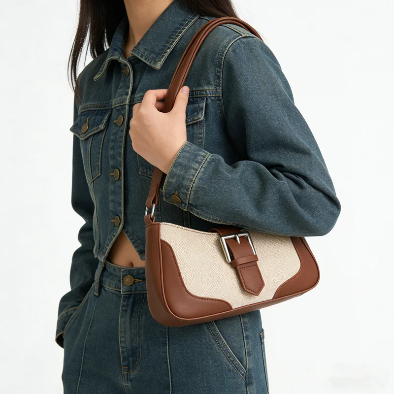 Retro Charm Sophisticated Buckle Shoulder Underarm Bag Fashion Square Tote Bag Textured Woven Canvas with Leather Trim Small Bag