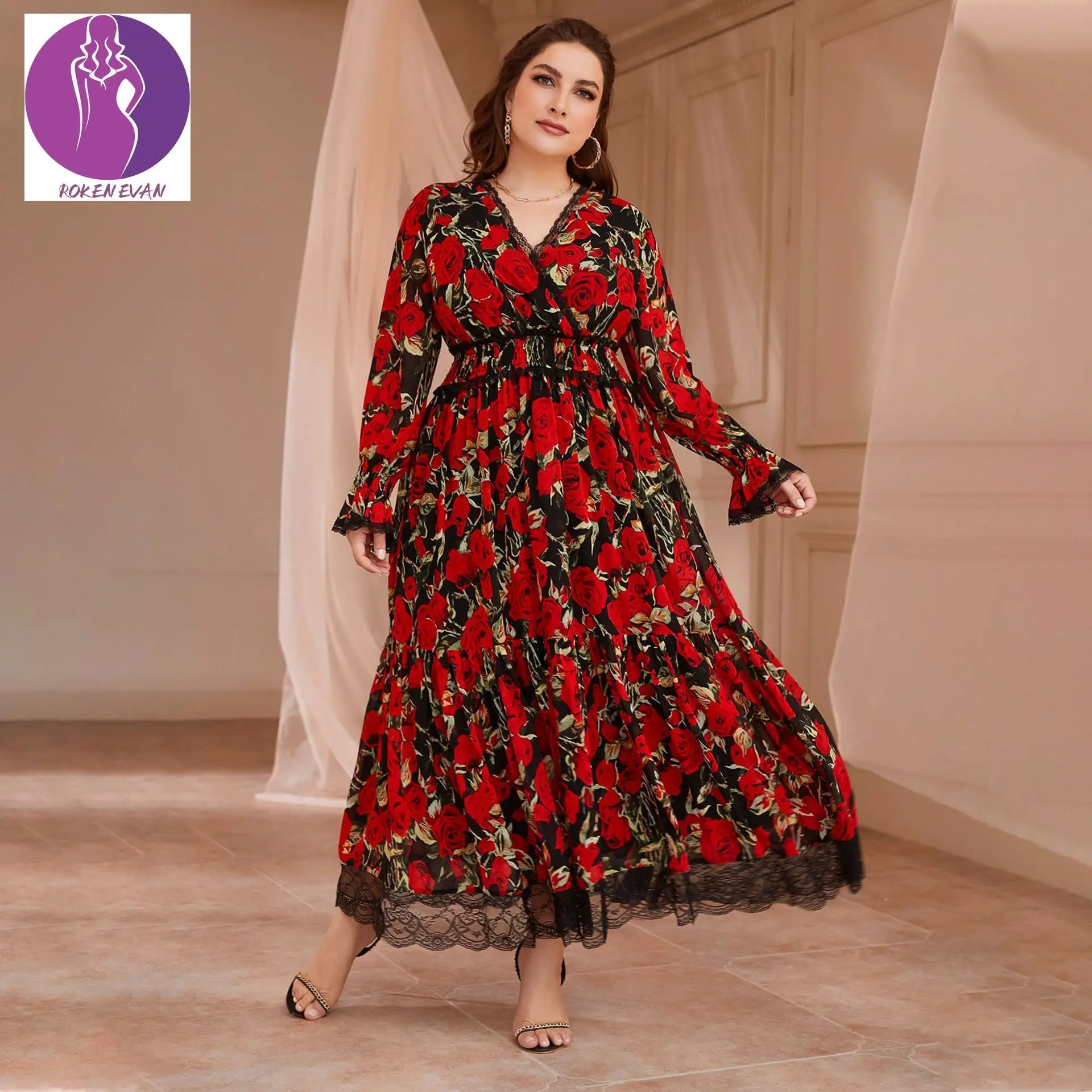 

ROKEN EVAN Plus Size Evening Dress For Women 2022 Ramadan Eid Mubarak Chiffon Print Abaya Dubai Turkey Islam Muslim Dress