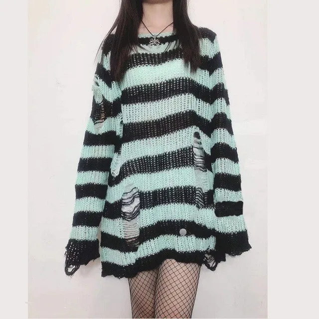 Gothic Grunge Striped Knitted Sweater Women Long Pullovers Loose Thin Punk Sweaters Jumpers Mujer Jersey Chic Streetwear