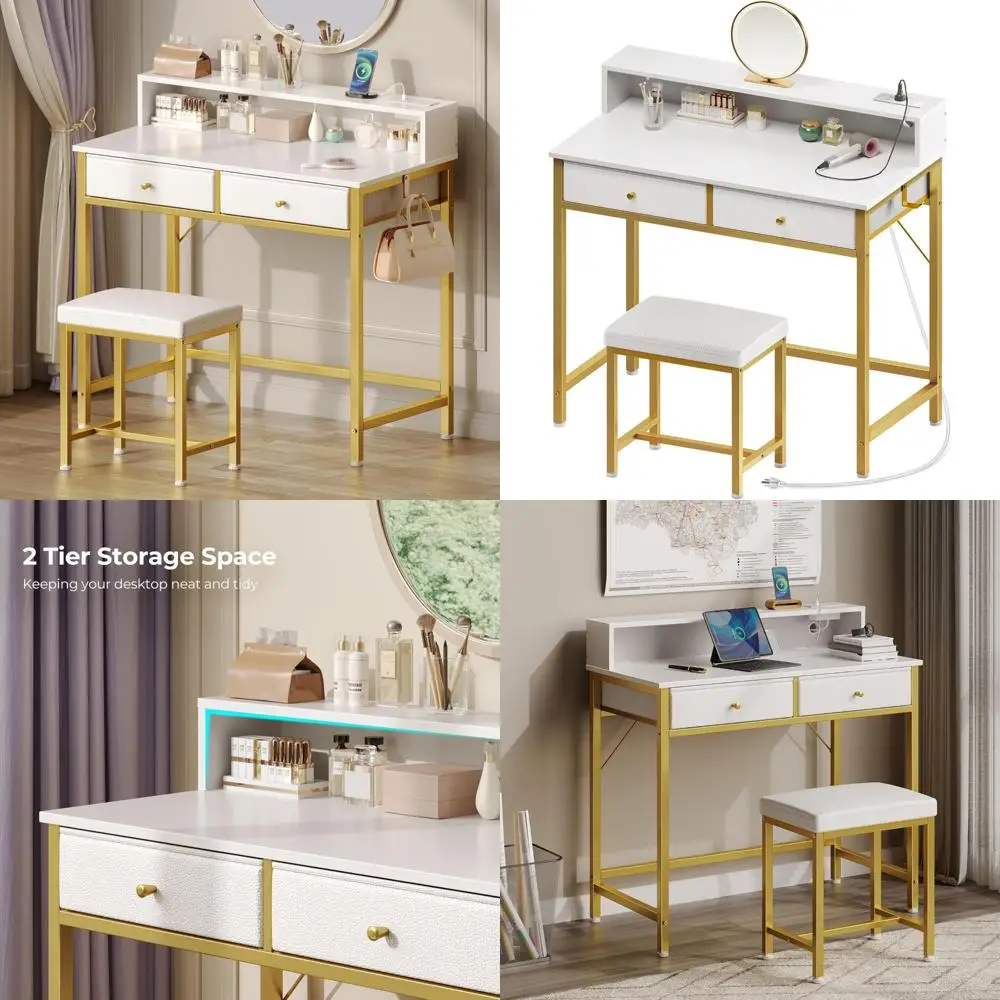 

compact makeup vanity desk with drawers and usb charging port for bedroom storage