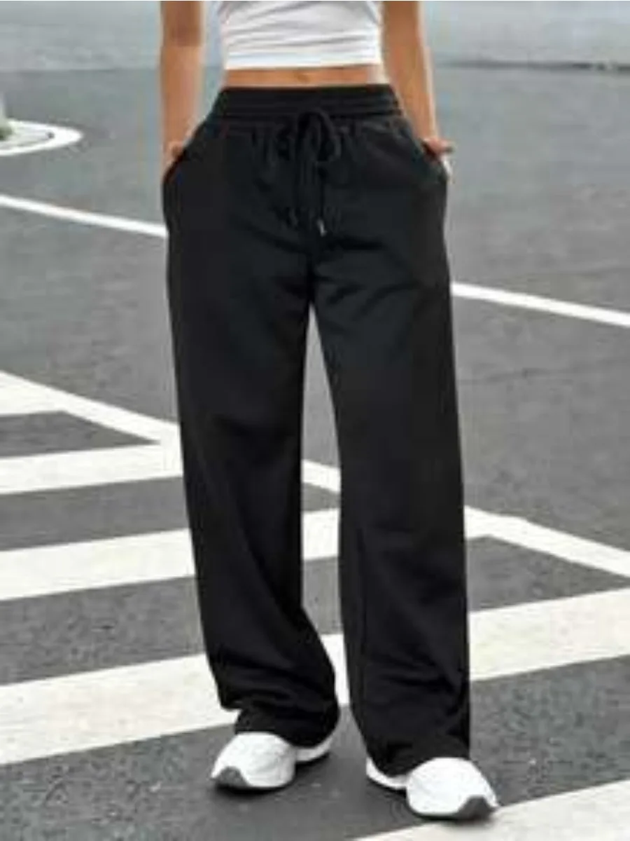 Women Casual Solid Color Elastic Waist Pocket Loose Flared Pants, Sweatpants,Suitable for Street,Holiday