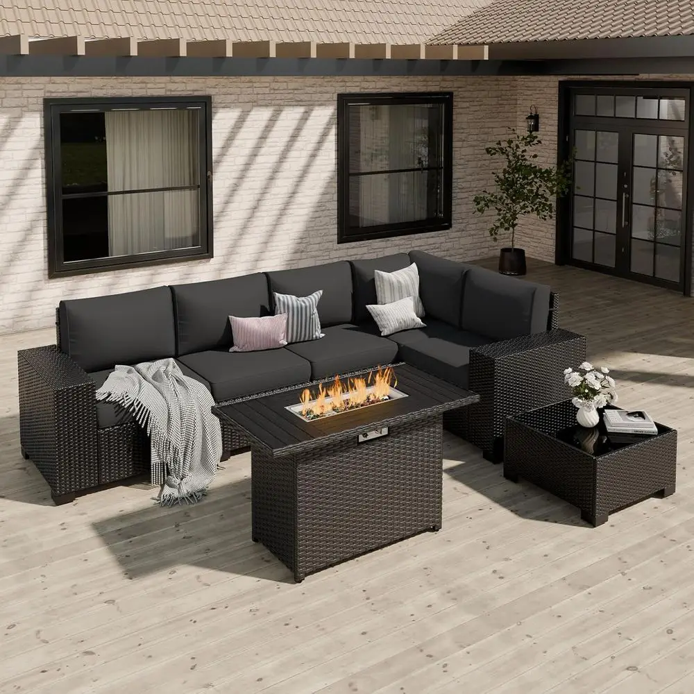 

7-Piece Wicker Patio Sectional Set with 44 Fire Pit Table and Thick Cushions for Outdoor Relaxation