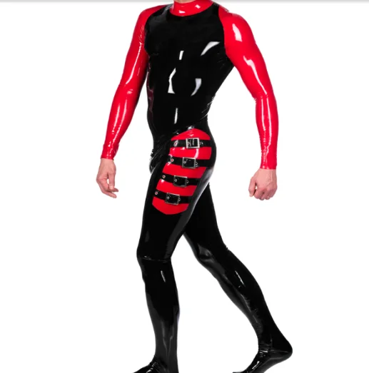 Latex Gummmi Zwarte Mannen Jumpsuit Rode Decoratieve Racing Uniform Party Rol Speciale Gelegenheid Hand Aangepaste 0.4Mm XS-XXL