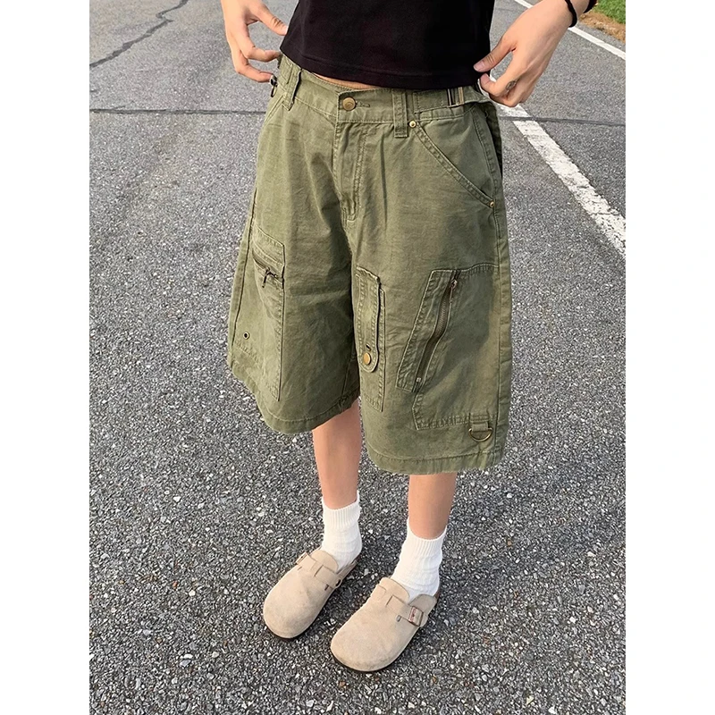 

Женские короткие джинсы-карго, американские винтажные прямые уличные брюки Y2K, широкие брюки с высокой талией, летние джинсовые шорты до колена