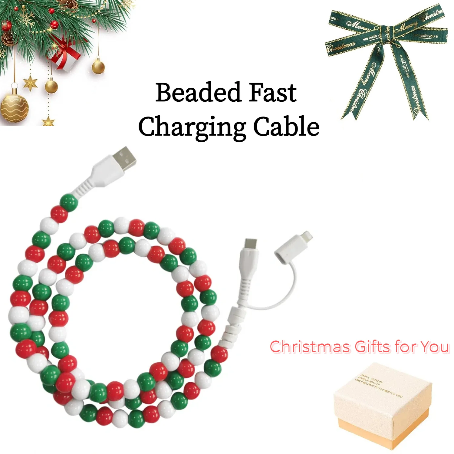 

KUTOU 4 In 1 Beaded Charging Cable For Phone Iphone 2025 Merry Christmas Navidad New Year Party Wommen Girls Gifts
