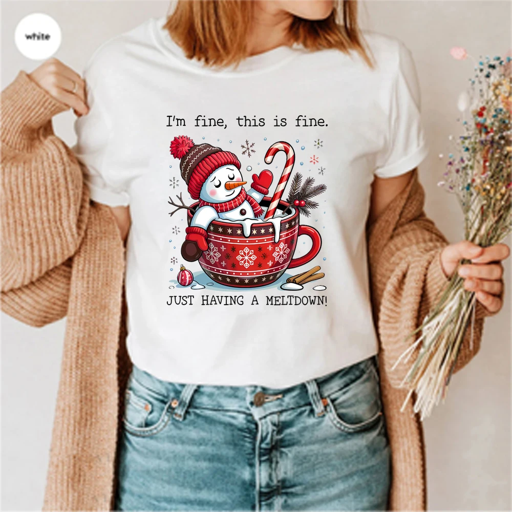 

Футболка I'm Fine This Is Fine Just Having A Meltdown, забавная футболка с цитатой, милая рубашка со снеговиком, рождественский снеговик, популярные футболки с какао