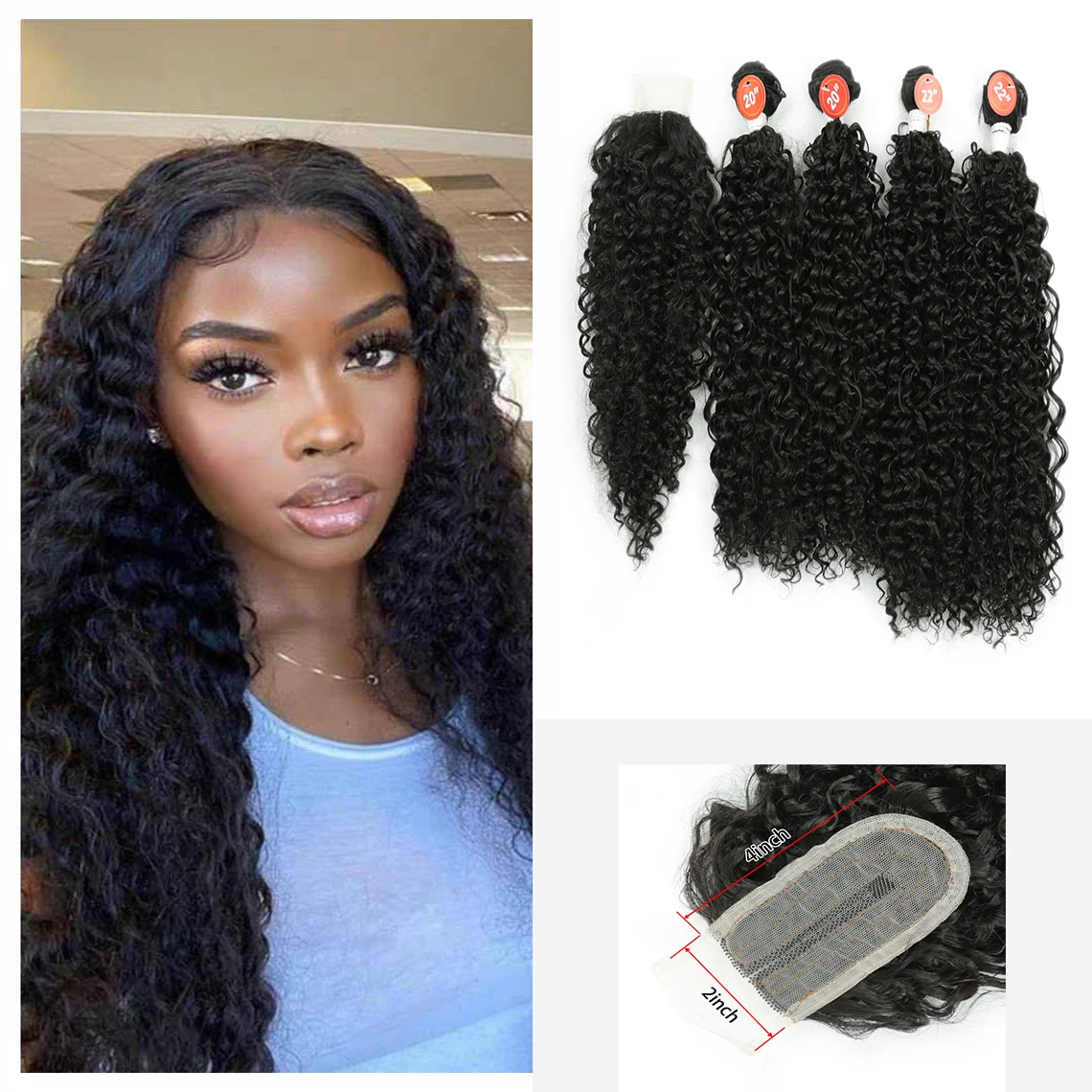 

Synthetic Afro Kinky Curly Hair Deep Wave Hair bundles 2# 4PCS 20 22inch With Lace Closure For Women Hair Extensions
