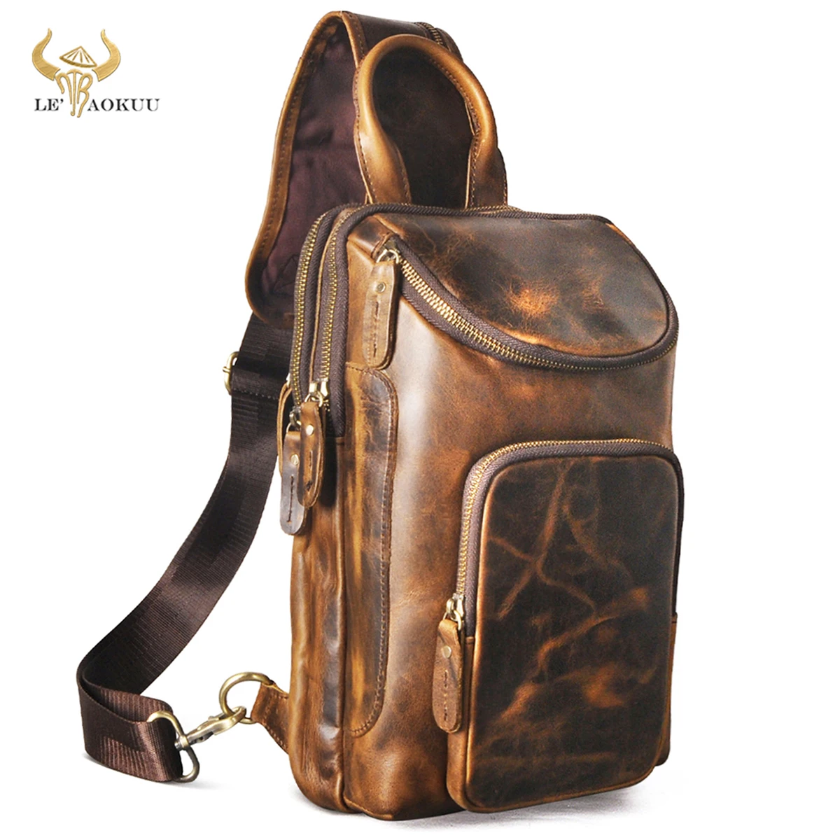 

2022 Best Sell Crazy Horse Leather Vintage Sling Chest Bag 12" Tablet Design One Shoulder Strap Cross-body Bag For Men Male 8033