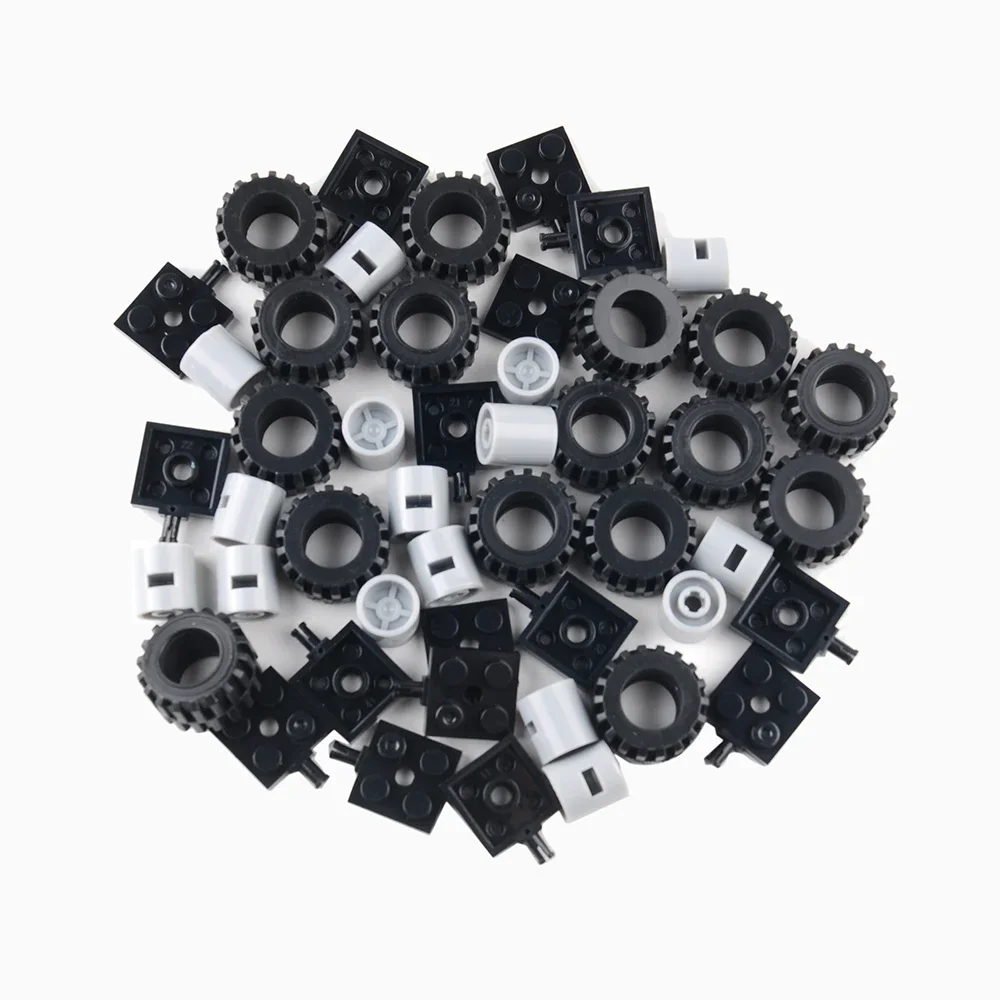48 pçs pequenas partículas blocos de construção peças em massa eixos + pneus + eixos diy montagem modelo carro brinquedos tijolos acessórios