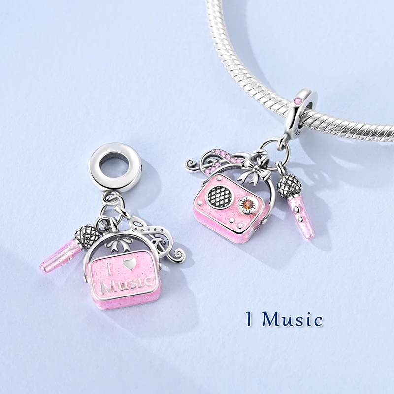 New 925 Sterling Silver Music Series Note microphone Headphones pendant Charms Beads Fit Original Bracelets DIY Jewelry Gift