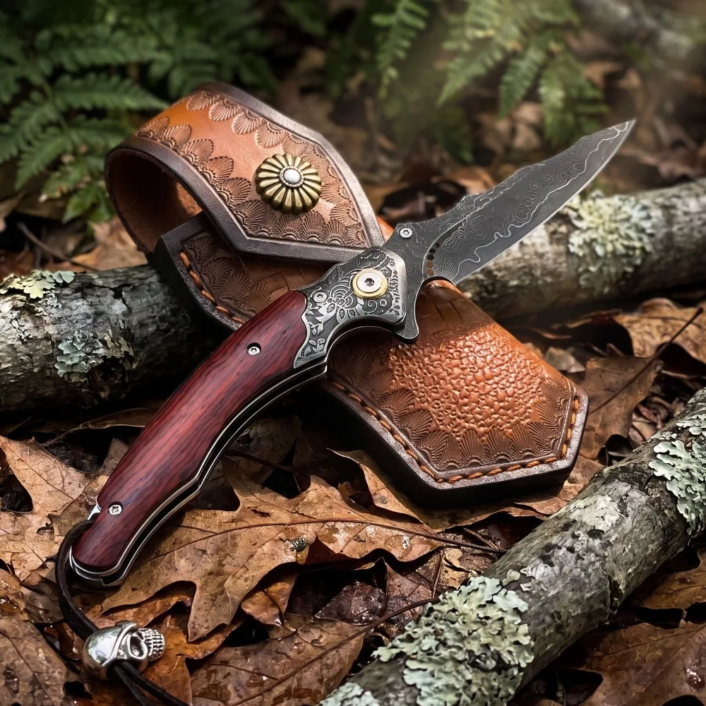 Collectible Damascus Pattern Foldable Knife Wood Handle Outdoor Camping Utility Pocket Knife for Collection