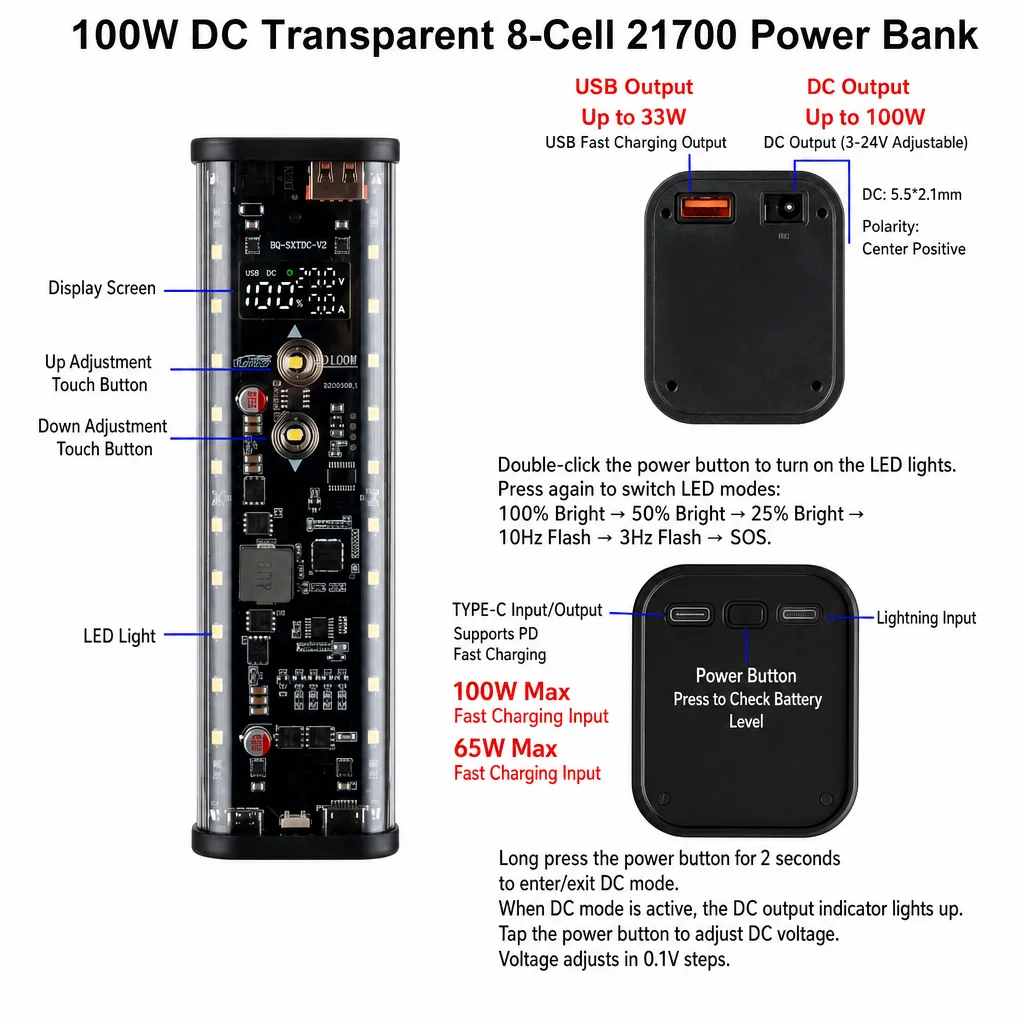8-Zellen 21700 Akku Powerbank-Gehäuse PD 100W Superschnelles Laden Transparentes Lötfreies Akkugehäuse LED-Außenleuchte – Detail 3