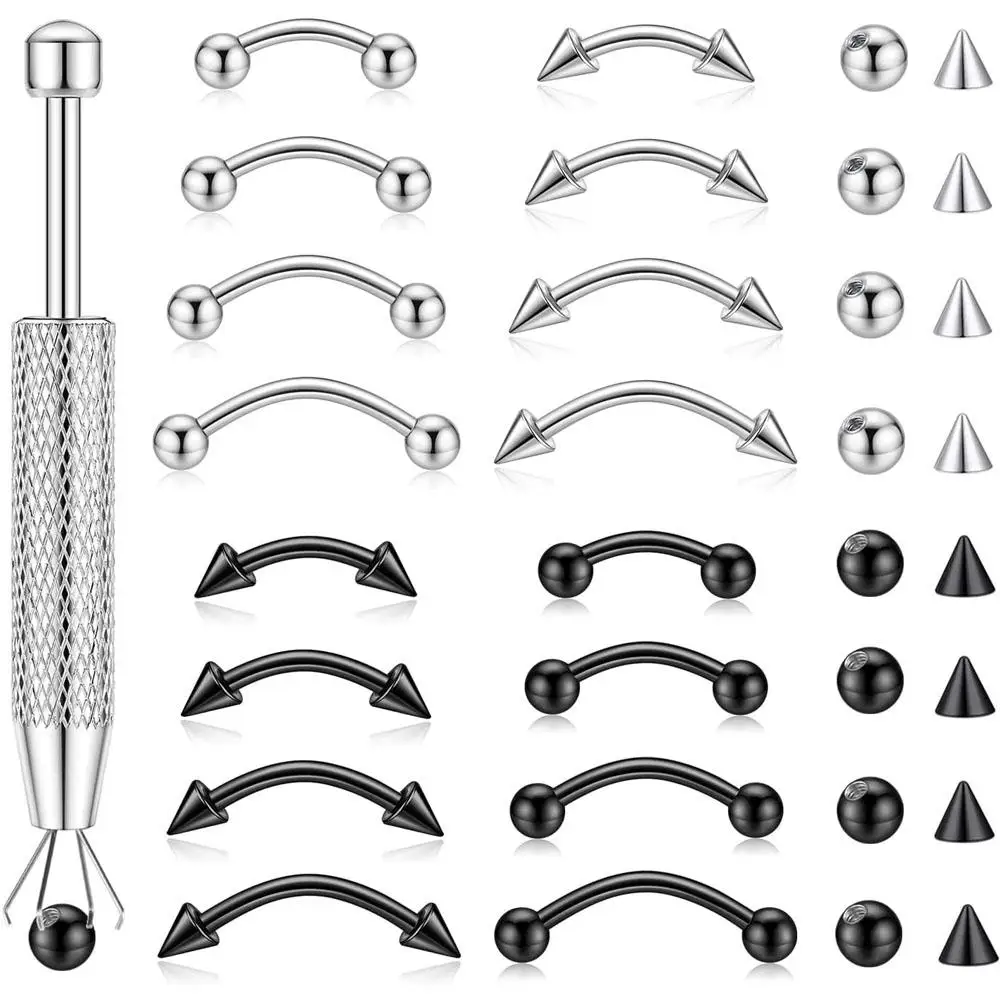1/33PCS Set Eyebrow Piercing Jewelry Replacement Balls and Spike Curved Barbell Piercing Jewelry Lip Jewelry Rook Piercing