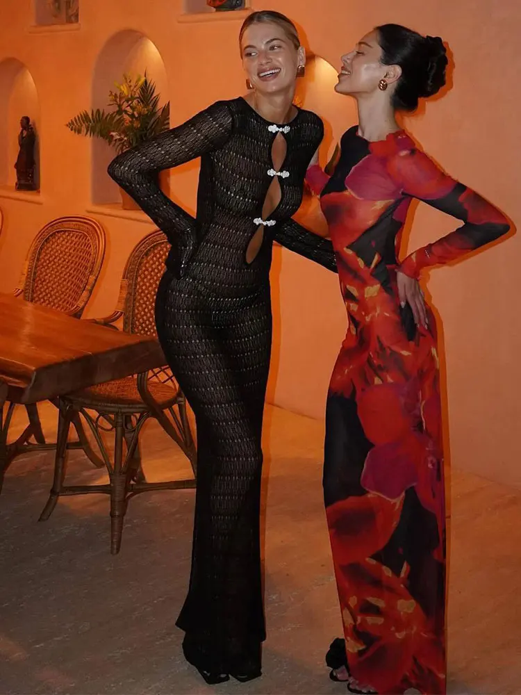GACVGA Hollow Out Knit Sexy Maxi Dress Women Fashion See Through Smock Dress Elegant Full Sleeve Backless Fishtail Long Dress