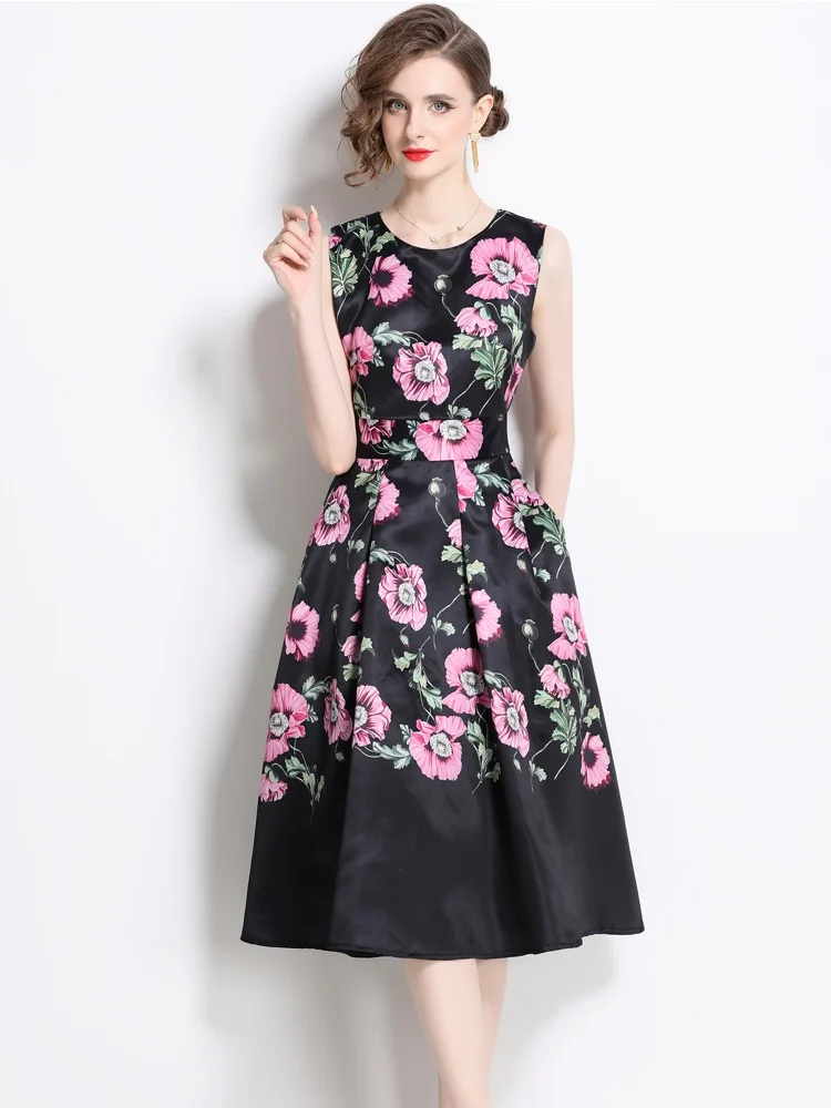 SMTHMA Nuove donne estive Stampa O-Collo senza maniche Abito lungo casual Moda Slim Fit Beach Party Abiti da sera