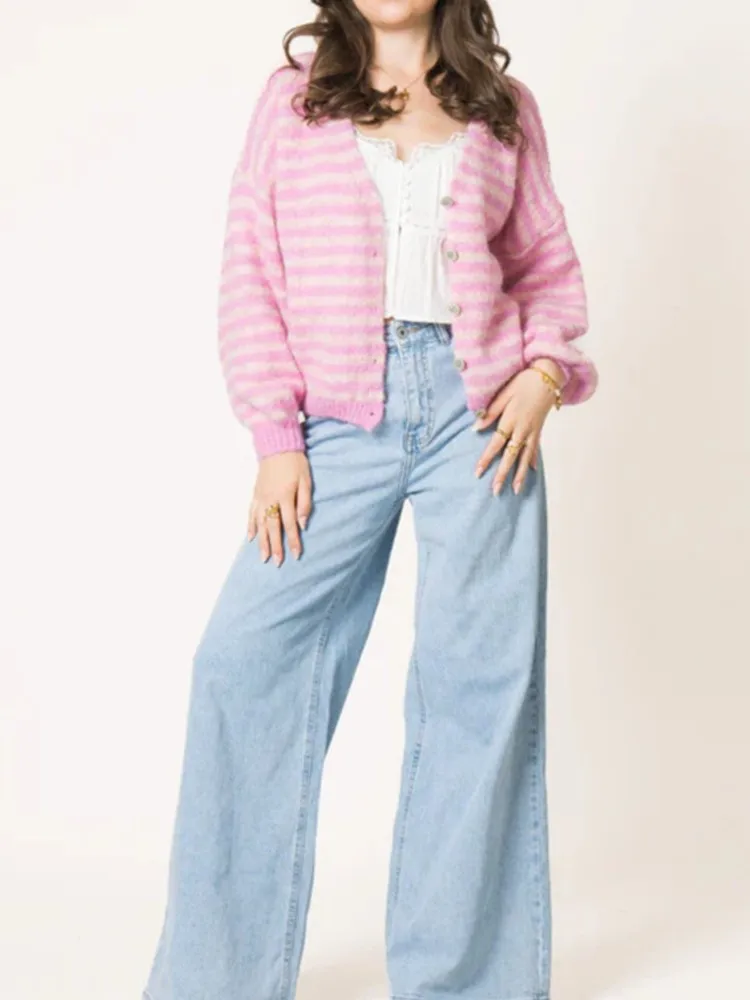 

Осень и зима, новые товары, полосатый контрастный повседневный вязаный кардиган, топ, женский свободный свитер с v-образным вырезом и длинными рукавами, куртка