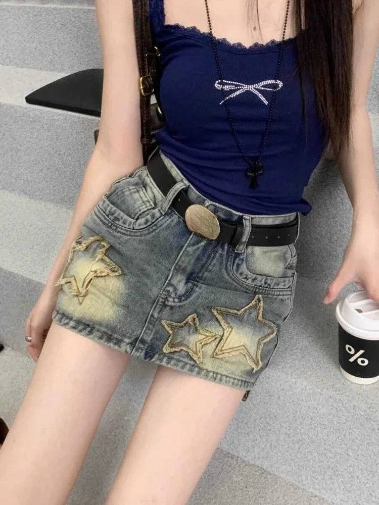 Amerikaanse Retro Vijfpuntige Ster Geborduurde Rokken Zomer Nieuwe Denim Korte Rok Forr Vrouwen Y2k Hoge Taille Bodycon Faldas Mujer