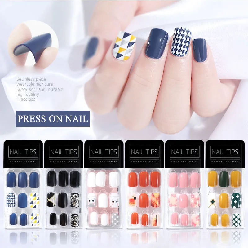 30pcs Fake Nails Tips Short Oval Suqare Almond Nail Patch Wearing Press Nails Supplies Professionals Artifical Accessories Art