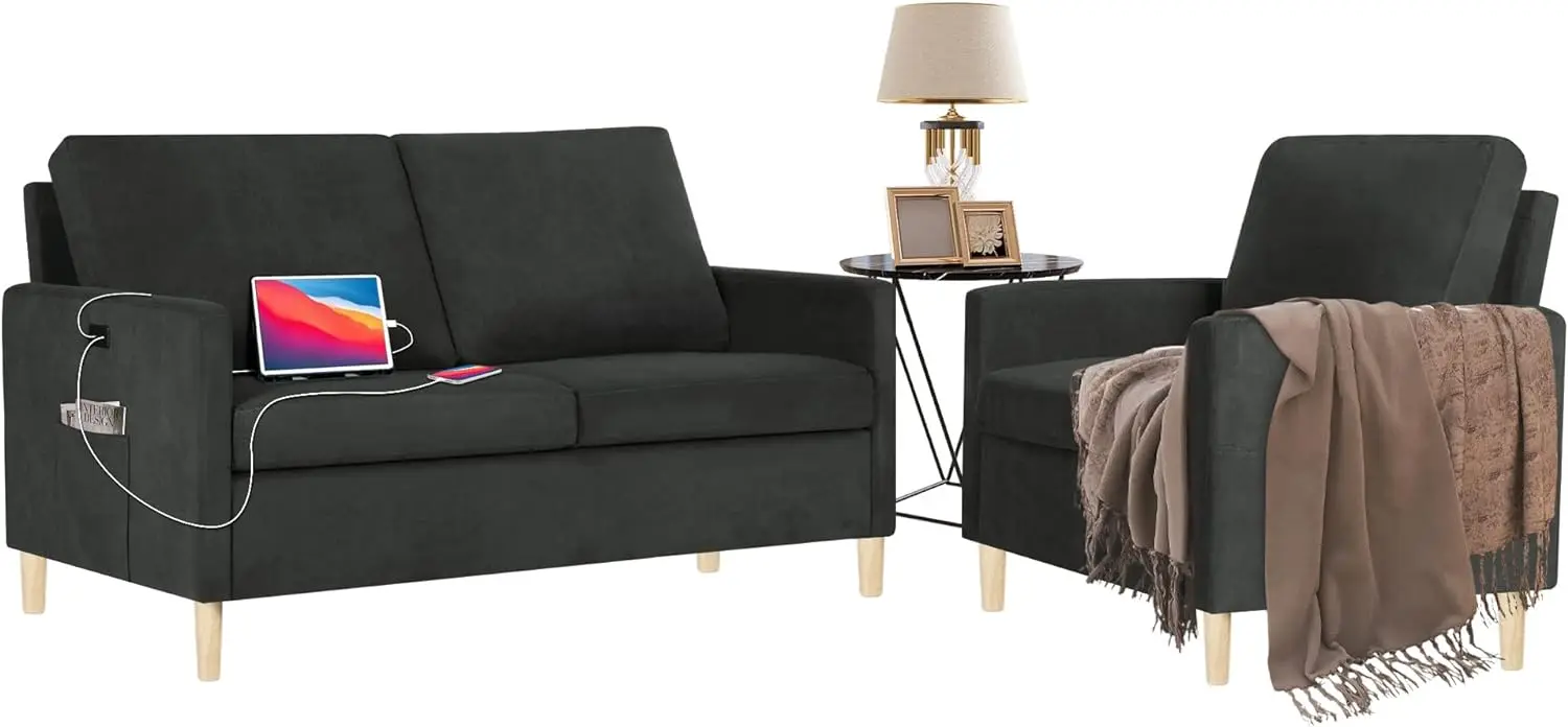 

Modern Living Room Sectional Sofa, 55” W Upholstered Loveseat Couch w/ 2 USB Charging Ports and 2 Comfy Accent Arm Chairs