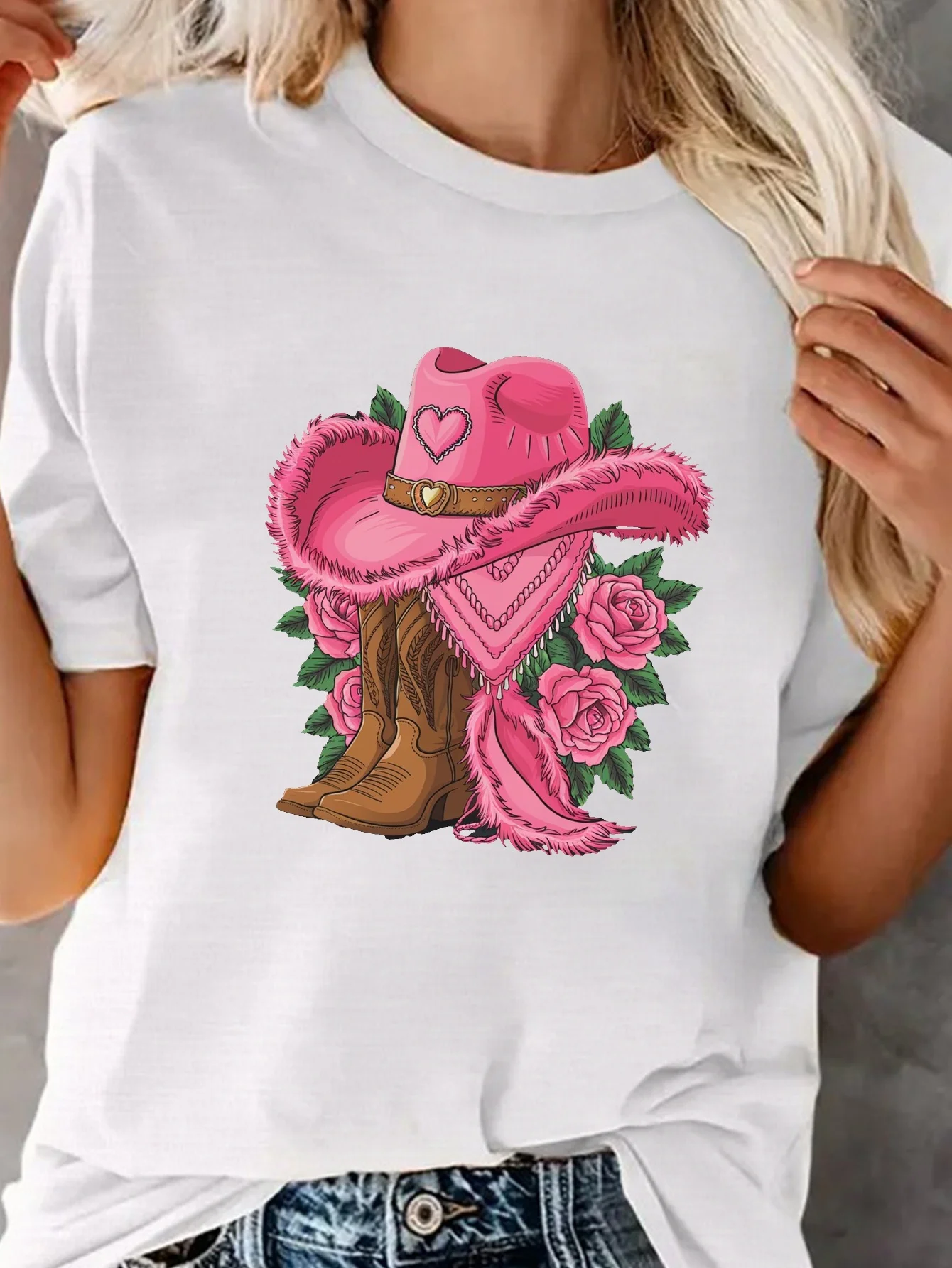 Con sombrero de vaquero y apliques de rosas, camiseta de estilo deportivo para mujer, manga con cuello redondo, camisetas de manga corta de tela ligera elástica