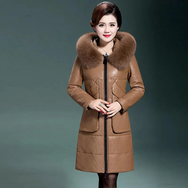 Winter Women New Genuine Leather Down Cotton Jacket Female  Middle-aged Mothers Korean Medium Length Thickened PU Leather Coat