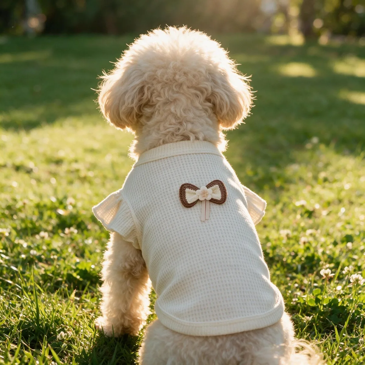 Cream Waffle Pet Vest, 3D Bow Flower Decor Sleeveless Breathable Summer Shirt for Small Dogs & Cats