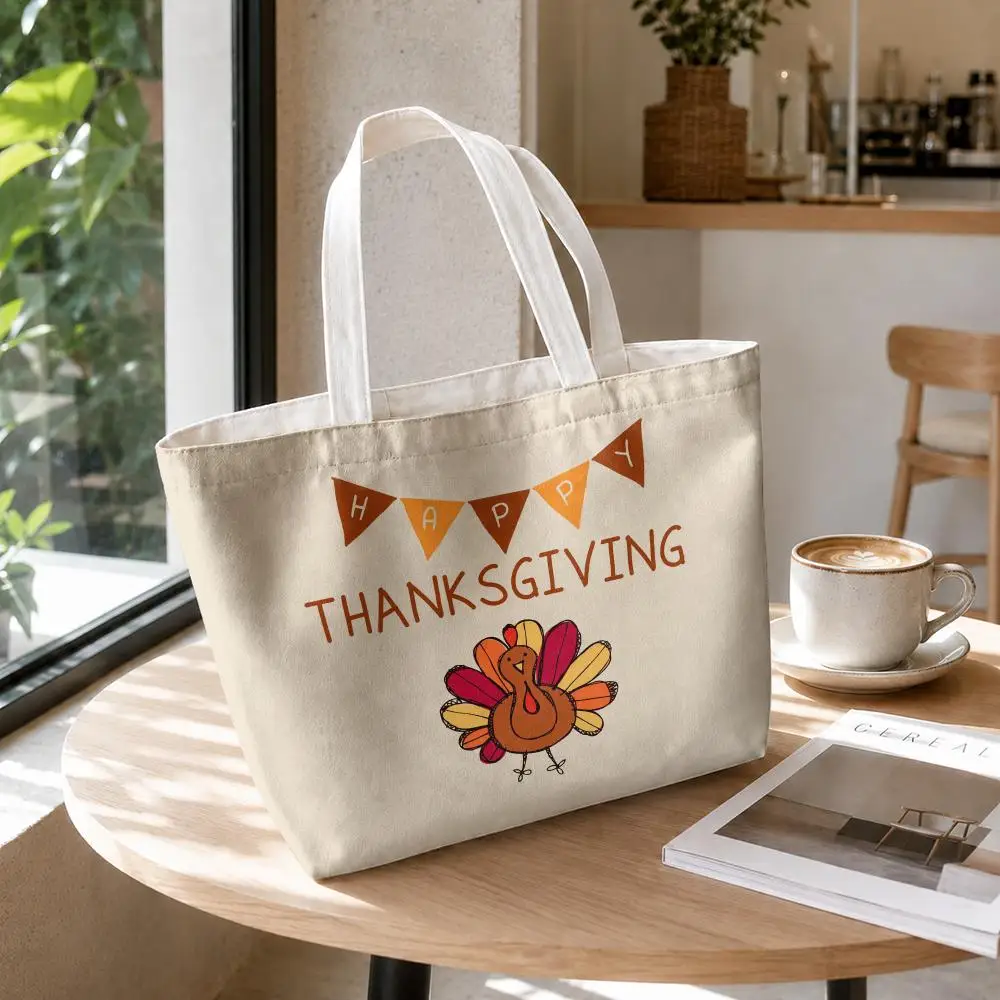 Thanksgiving Cute Turkey Storage Bags 2-Piece Printed Canvas Shopping Bag Set with Zipper Pouch Foldable Tote for Daily Use