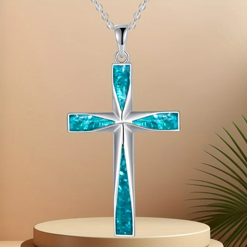Huitan Women Silver Color Cross Pendant Necklace Blue Sticker Fashion Party Daily Versatile Gentle Vintage Accessories Jewelry