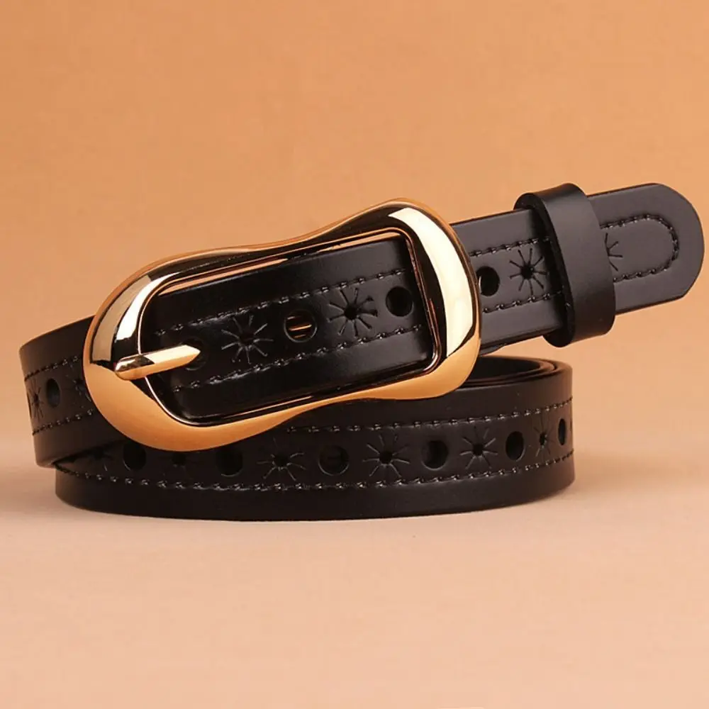 Gold Pin Buckle Hollow Eyelet Belt Adjustable Multi Hole Perforated Leather PU Leather Belt Oval Metal Buckle Classic Design