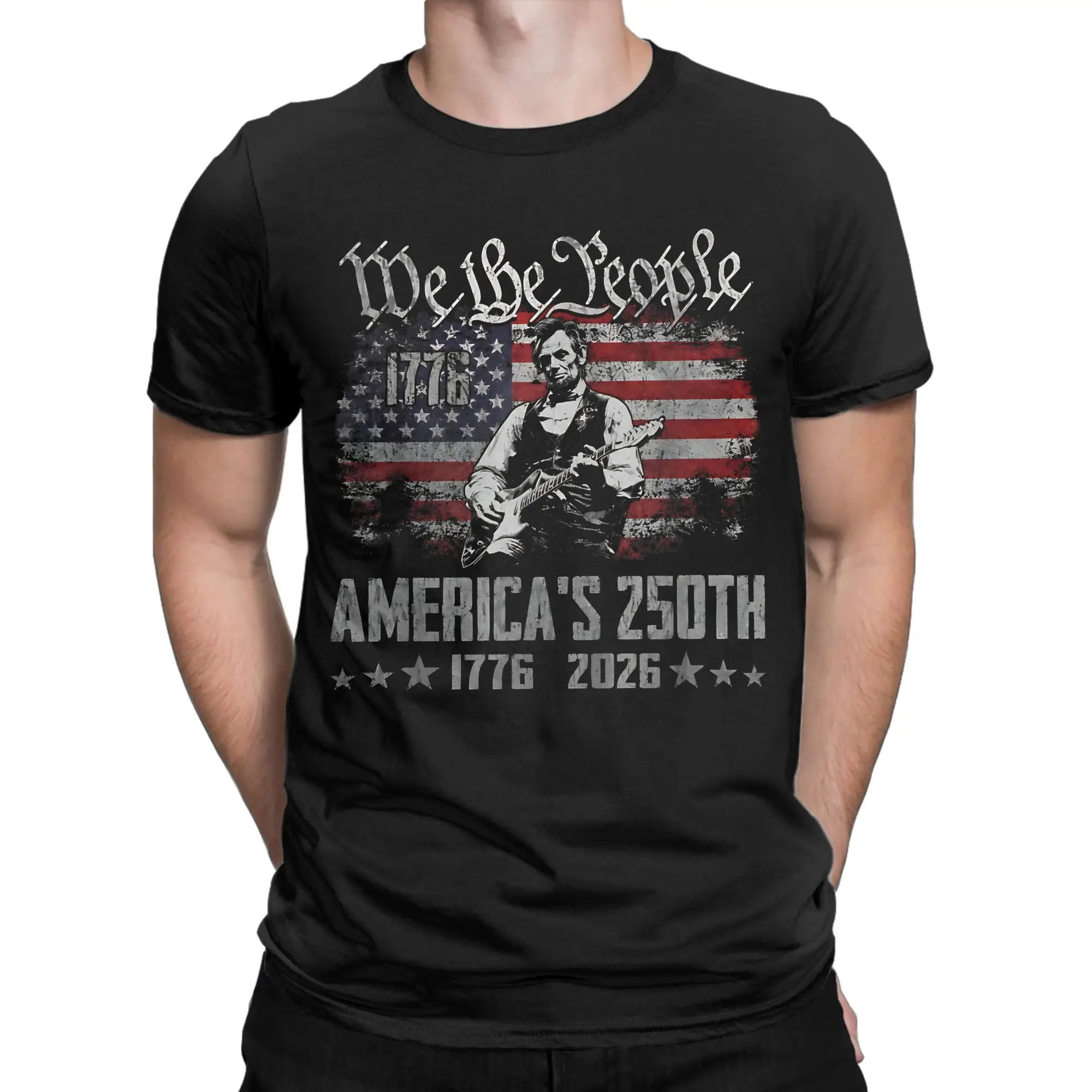 America's 250th Abraham Lincoln Playing Guitar Retro Vintage Funny Graphic 100% Cotton T-Shirt Abraham Tops Tees For Men