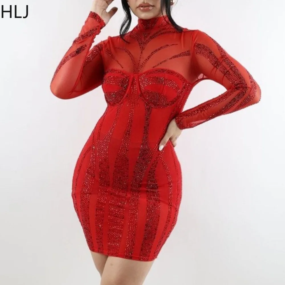 

HLJ Sexy Mesh Perspective Rhinestone Bodycon Party Club Mini Dresses Women Round Neck Long Sleeve Slim Vestidos Female Clothing