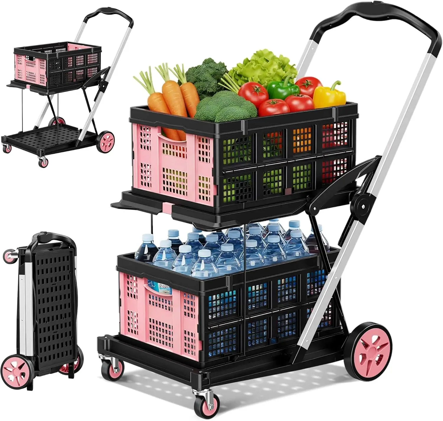 

Foldable Shopping Cart with Wheels, 8-in-1 200LBS Capacity, Pink Utility Cart for Grocery and Travel