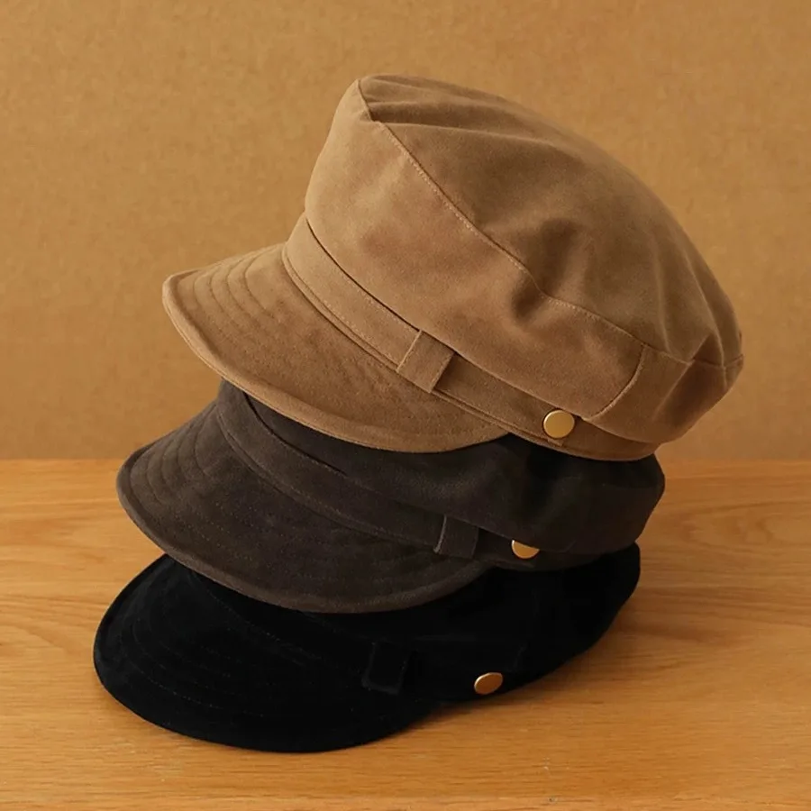 Autumn Winter Retro Women Vintage Suede Newsboy Caps Fashion Flat Artist Beret Octagonal Hat