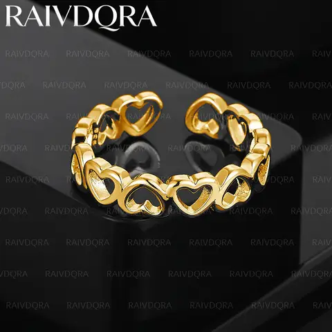 18K Gold Plated Heart Connected Open Ring For Women Fashion Jewelry Vintage Grace Charm Noble Party Birthday Gifts