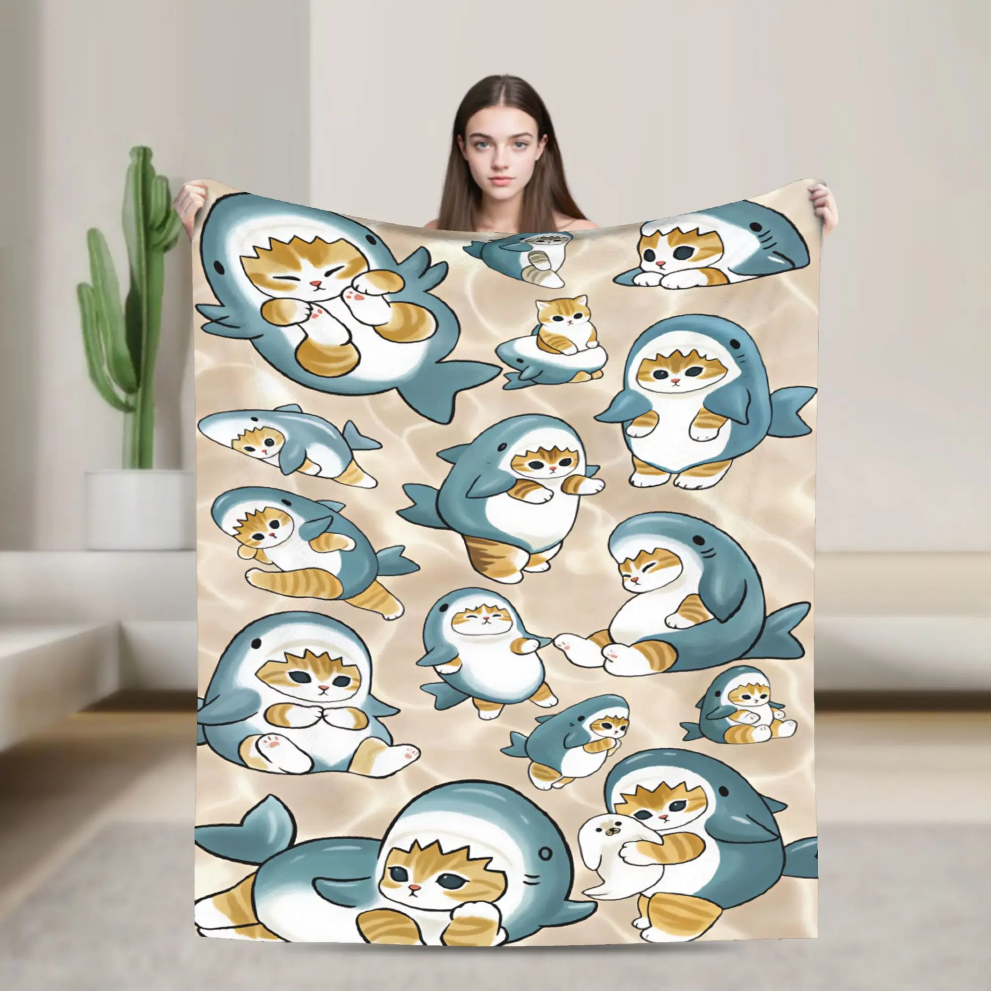 Soft Warm Blanket Picnic Mofusand Japanese Shark Cat Throw Blanket  Flannel Bedspread For Chair Sofa Bed Fluffy Sofa Bed Cover