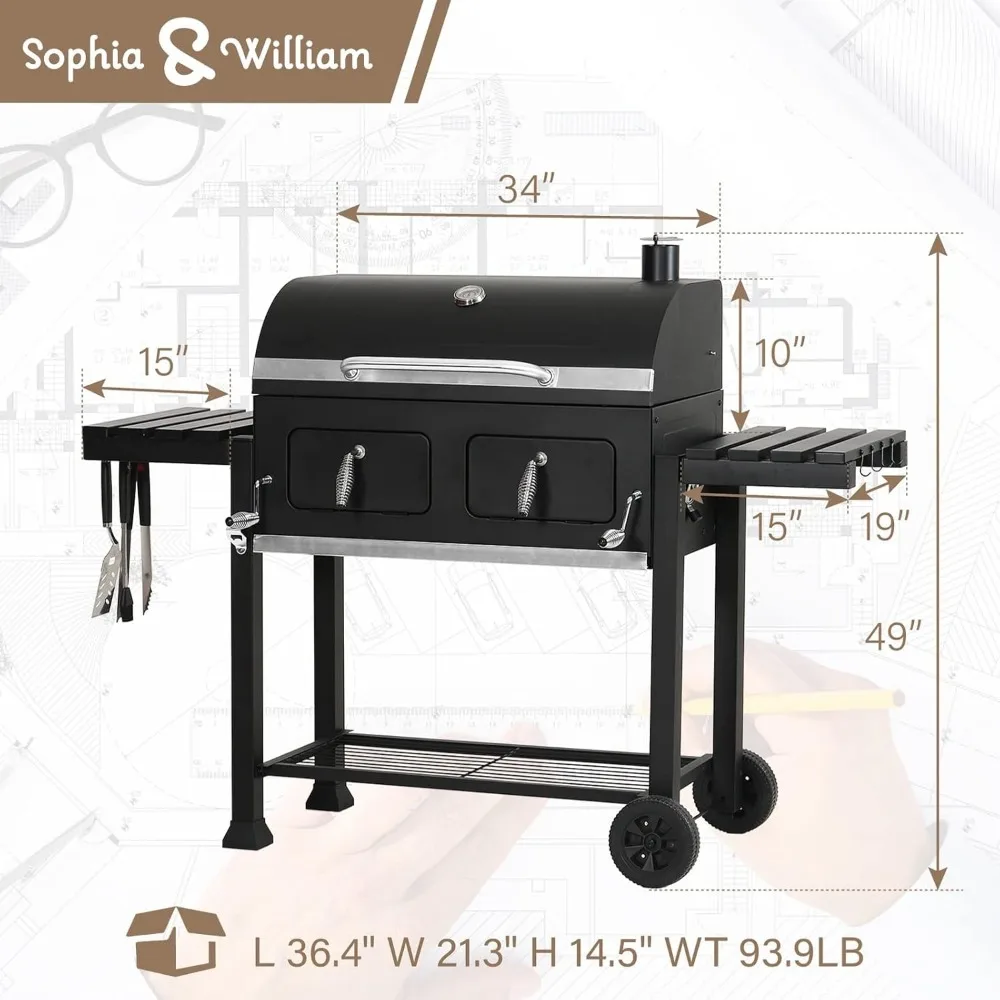 Extra Large Charcoal BBQ Grills, Outdoor Barbecue Grill with Dual-Zone Adjustable Charcoal Tray and 2 Foldable Side Table