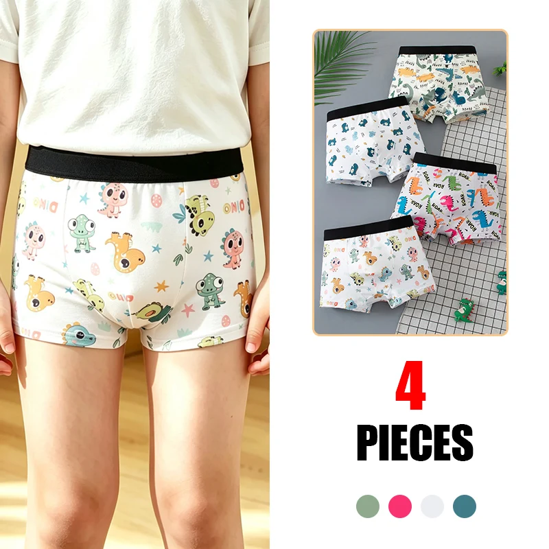 4-piece Set Of Cute Printed Dinosaur Car Underwear For Boys, Comfortable Boxer Shorts, Children's Seasonal Casual Home Shorts