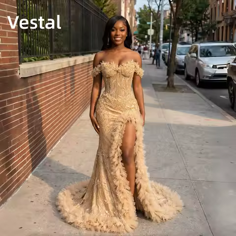 Off Shoulder Gold Mermaid Prom Dress with 3D Floral Feather Slit Sparkly Evening Gown Customized