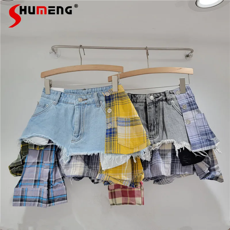 

Short Skirt 2024 New Miniskirt Plaid Splicing High Waist Slim-fit Skirt A- Line Denim Shorts Irregular Slimming Nice Mini Skirts