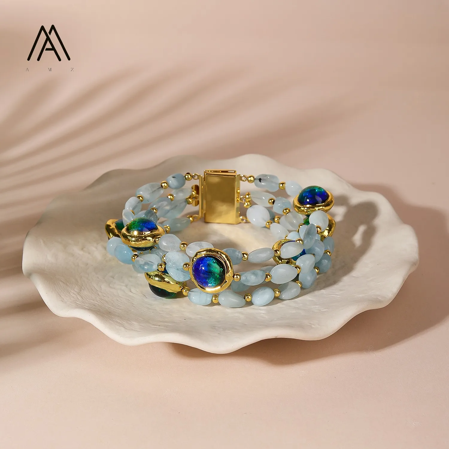 4 Strands Aquamarine Bracelets with Murano Style Glass Beads Bracelet for Women Fashion Luxury 18K Gold Plated Handmade Jewelry