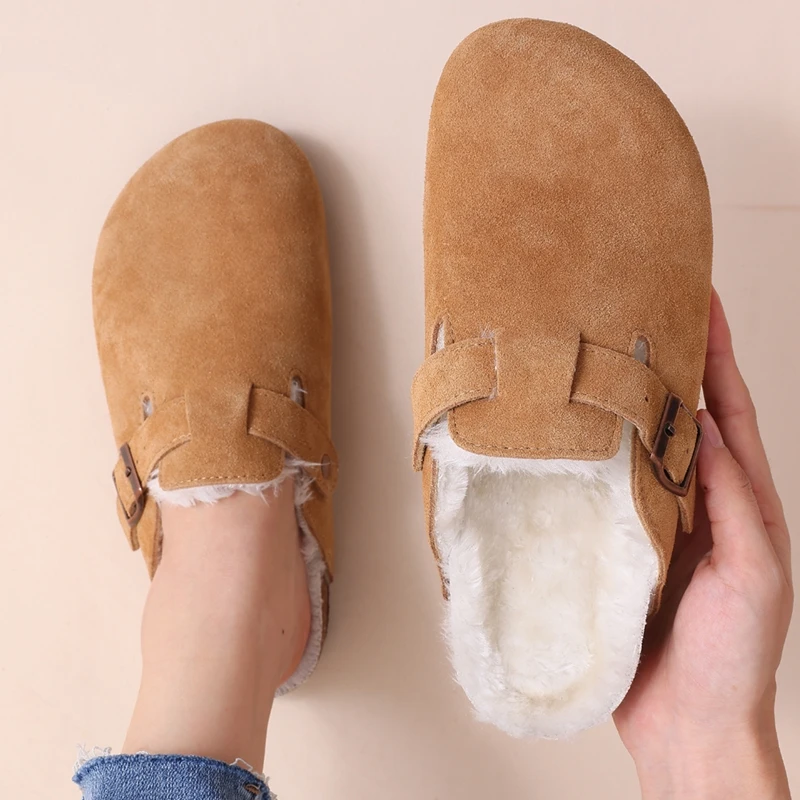 Fur Boston Clogs For Women Winter Fashion Cork Insole Warm Plush Slippers Shoes With Arch Support Cozy Home Furry Suede Mules