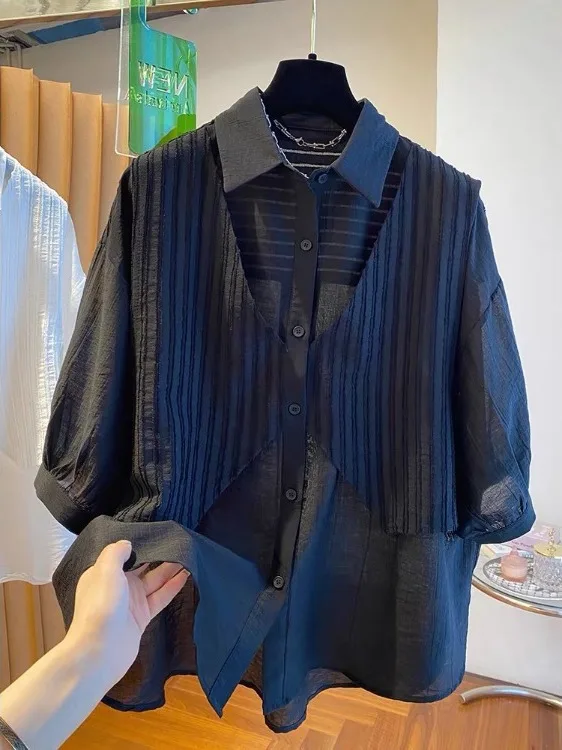 Ele Bla Mo Two-Piece irt Women's ort Sve Loose Design Summer New Sle Five-Quarter Sve Top  Collar