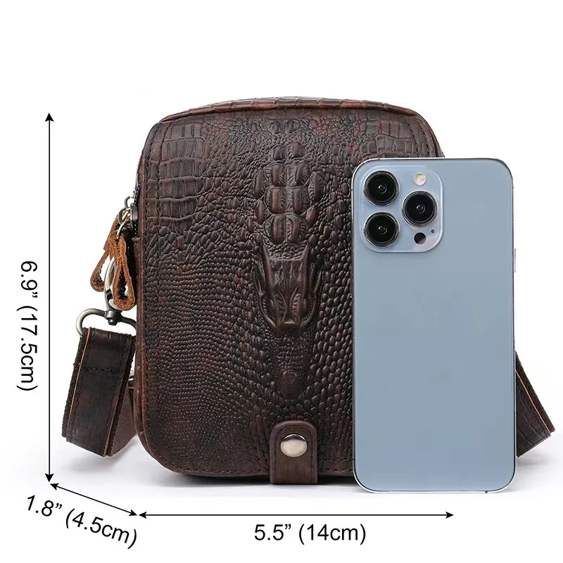 LION VERA Men's High end Leather Diagonal Cross Bag 5.5-inch Large Capacity Shoulder Bag Retro Crocodile Pattern Postman Bag