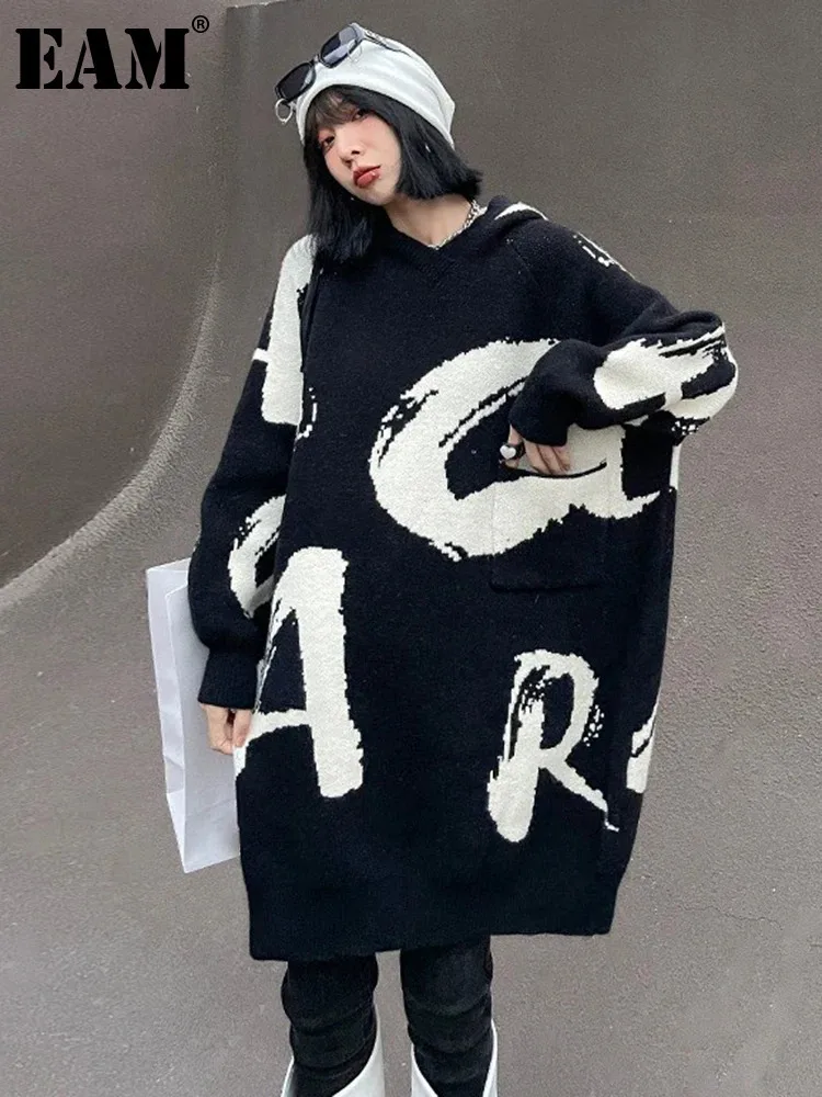 [Eam] schwarzes Muster große lange Strick pullover Kapuze Langarm Frauen Pullover neue Mode Frühling