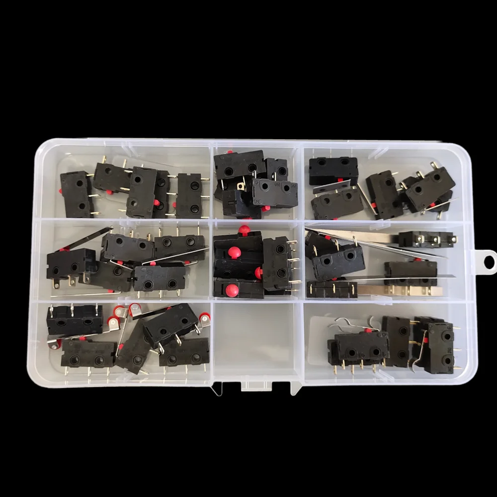 

40PCS/Box Mini Limit Switch 2P/3Pin NO/NC Micro Switch 5A 250VAC KW12 Roller Arc Lever Snap Action Push Micro Switches kit