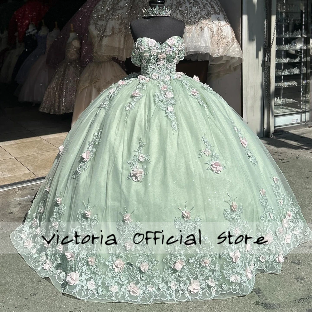 Fascinating Light Pink Flowers Sage Green Off The Shoulder Quinceanera Dresses Ball Gown Birthday Lace Up Sweet 15 16 Dress